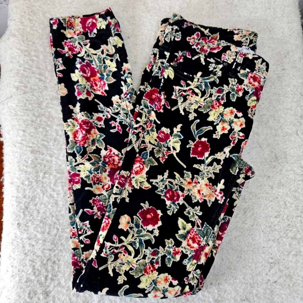 Free People Corduroy Skinny Pants Black Pink Floral Print Low Rise Size 27